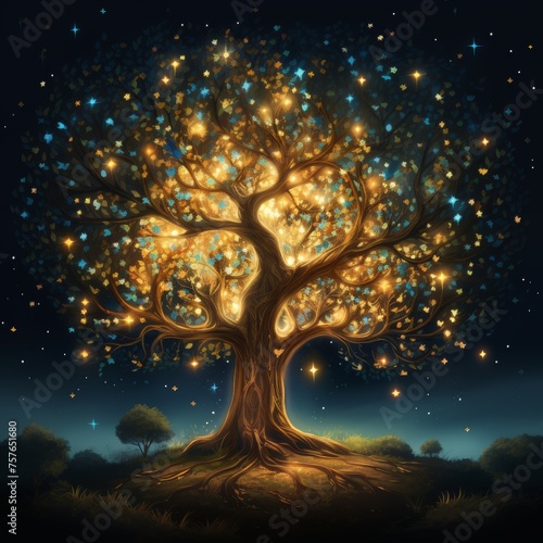 An imaginative illustration of a whimsical tree with leaves that shimmer like stars