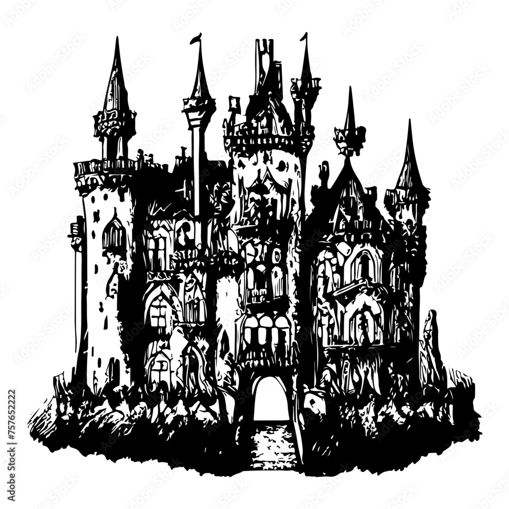 hand drawn illustration of abamdoned castle, creepy and spooky