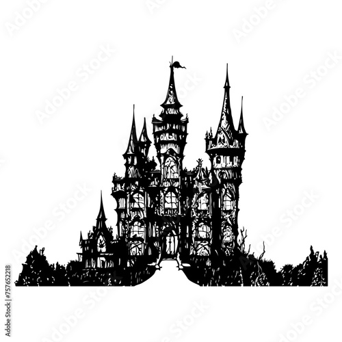 hand drawn illustration of abamdoned castle, creepy and spooky photo