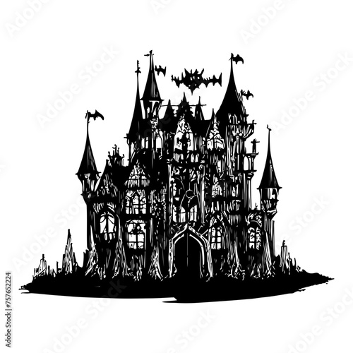 hand drawn illustration of abamdoned castle, creepy and spooky photo