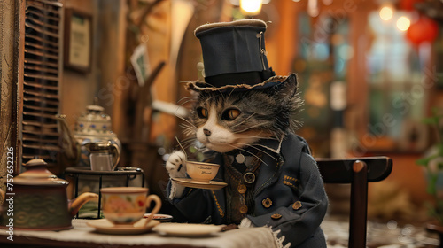 A cat wearing a monocle and top hat, sipping tea at a tiny table in a dollhouse. © Lila Patel