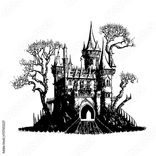 hand drawn illustration of abamdoned castle, creepy and spooky photo