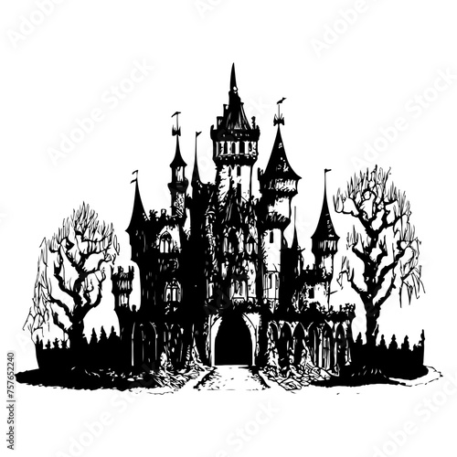 hand drawn illustration of abamdoned castle, creepy and spooky photo