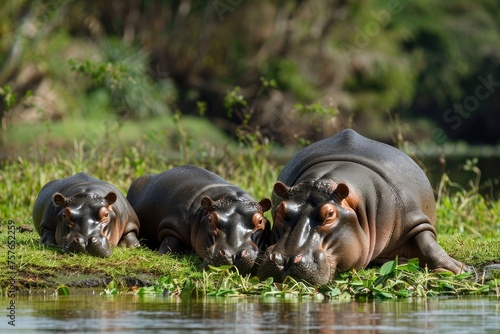 A baby hippo enjoying a sunbath on the riverbank with its family