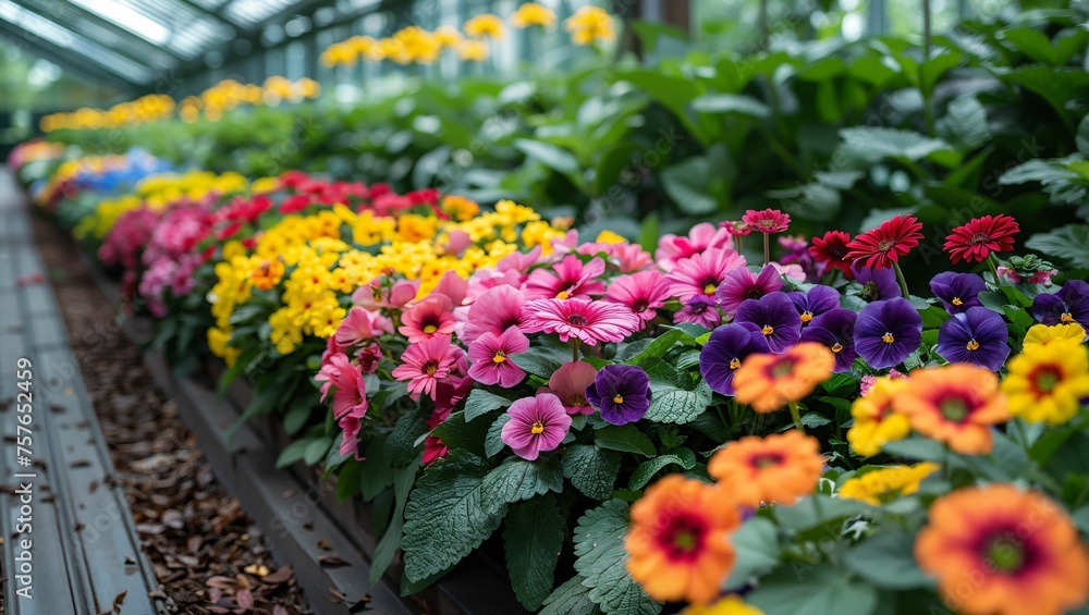 Vibrant horticulture showcase, a kaleidoscope of flowers and edible plants, greenhouse nurturing biodiversity, essential for pollination