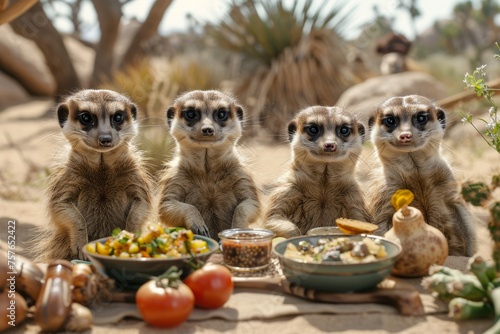 A group of lively meerkats hosting a cooking show in the desert, preparing extravagant meals with humorous commentary.