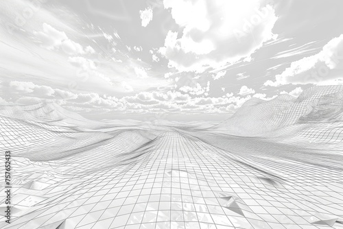 A digital wireframe landscape representing a virtual reality space