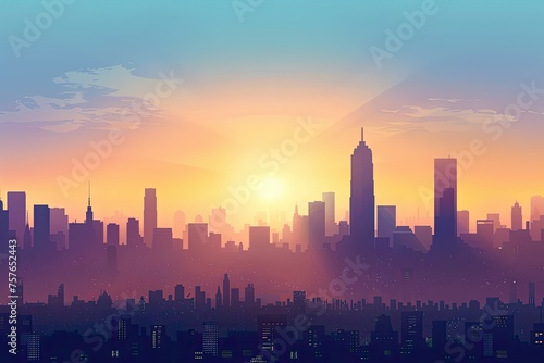 A detailed city skyline silhouette at sunrise with a gradient sky