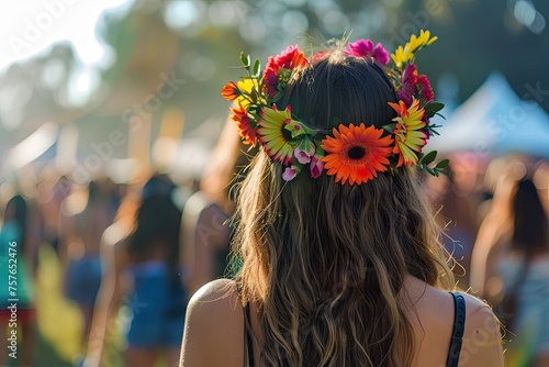 A fashionable floral headpiece being worn at a summer music festival photo