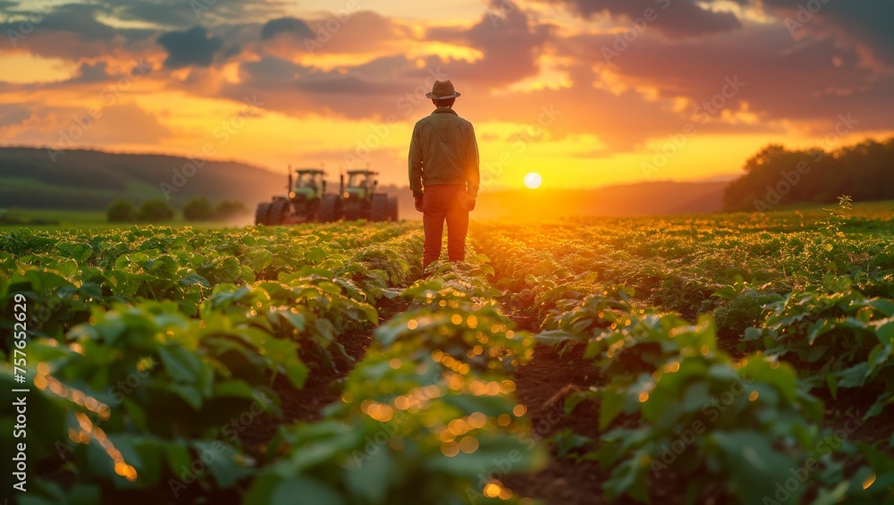 Sunrise over a lush green farm, dew on crops, a farmer checking soil health, backdrop of modern tractors, hint of agroforestry - obrazy, fototapety, plakaty 