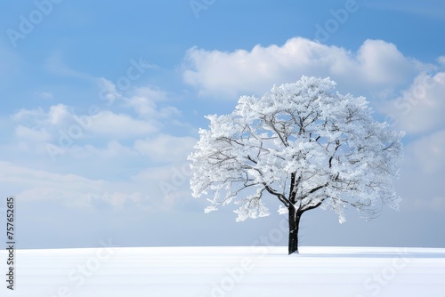 A lone snow-covered tree in a vast