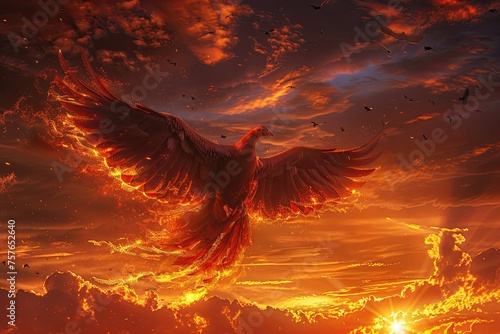 A majestic phoenix rising from ashes under a twilight sky its feathers glowing with fire
