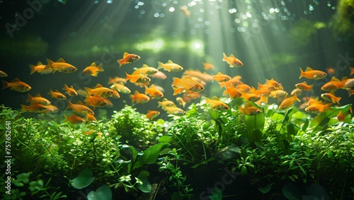 Underwater view of aquaculture farm, vibrant fish amidst aquatic plants, sustainable methods in practice, clear water symbolizing purity © akarawit