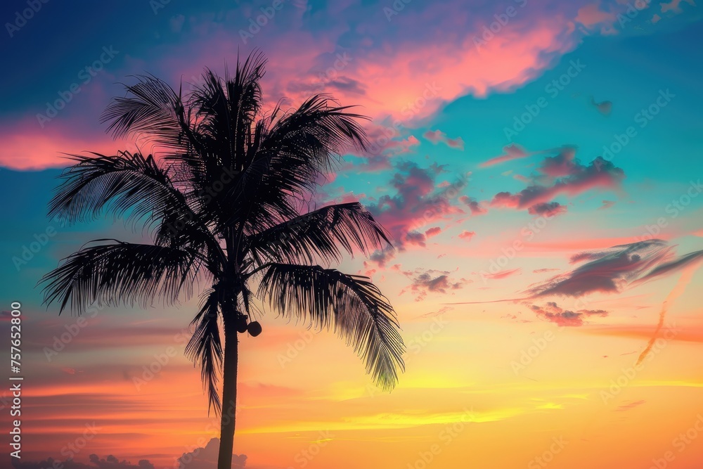 A silhouette of a palm tree with coconuts against a sunset sky