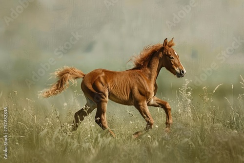 A spirited colt galloping freely across a verdant meadow
