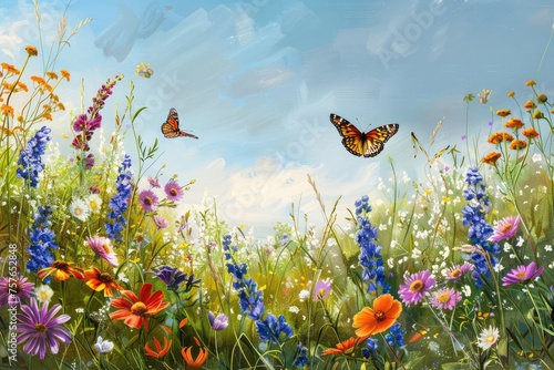 A summer meadow filled with wildflowers and fluttering butterflies