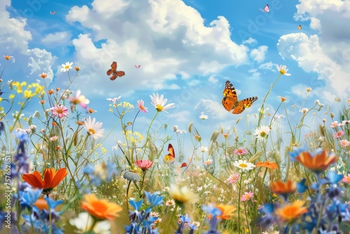 A summer meadow filled with wildflowers and fluttering butterflies © AI Farm