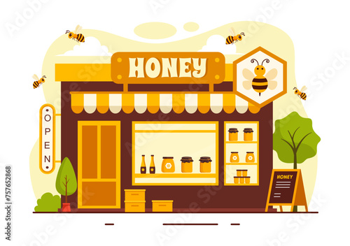 Fototapeta Naklejka Na Ścianę i Meble -  Honey Store Vector Illustration with a Natural Useful Product Jar, Bee or Honeycombs to be Consumed in Flat Cartoon Background Design