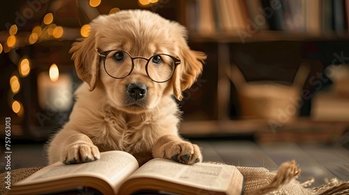 A Golden Retriever puppy wearing oversized glasses and looking confused by a book.