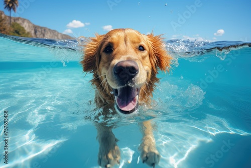 A happy golden retriever dog is swimming in the ocean. travel, vacations by the sea.