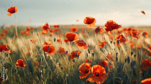 Vibrant Red Poppies Field in Countryside Landscape © NewaysStock