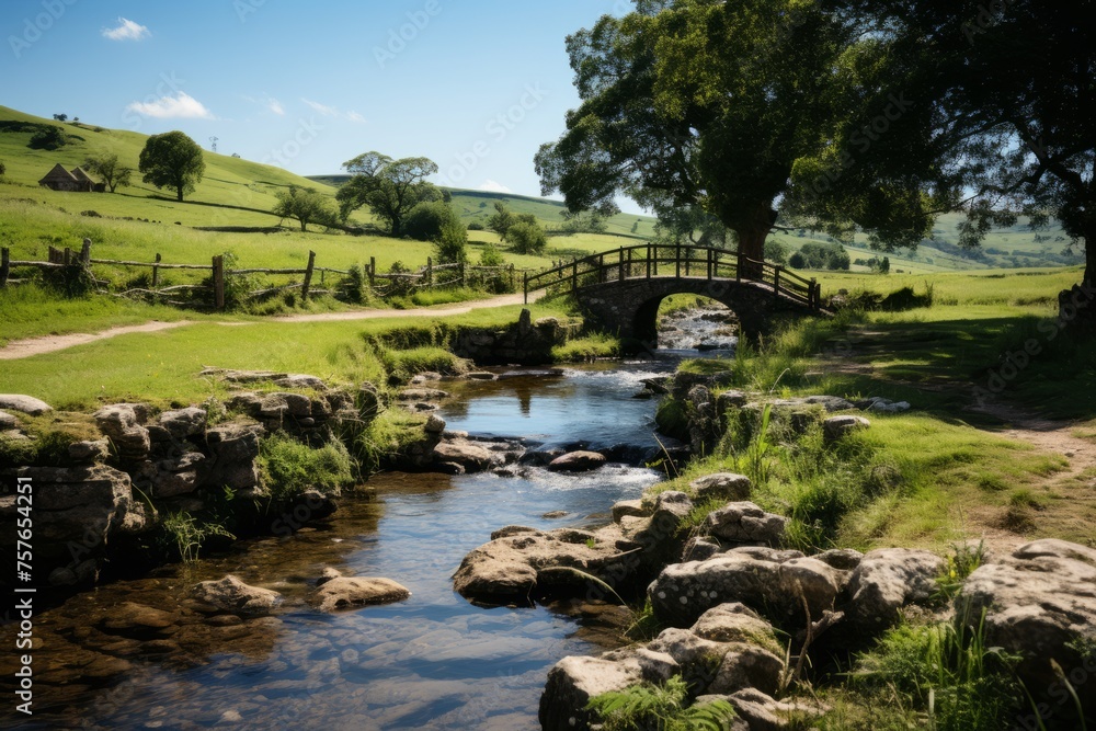A bridge spans over a peaceful river in a scenic field under the blue sky