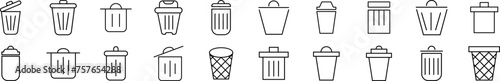 Collection of thin signs of trash can. Editable stroke. Simple linear illustration for stores, shops, banners, design