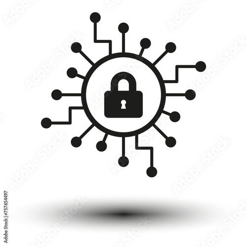 Cybersecurity Network Icon. Icon depicting a digital network with a central lock symbol, representing cybersecurity. Vector illustration. EPS 10.