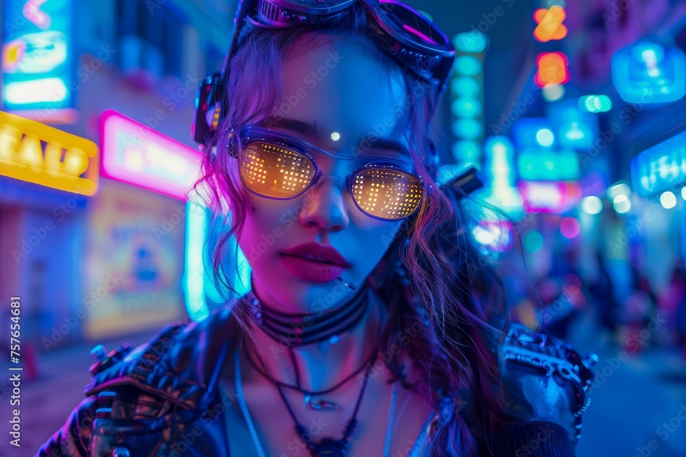 Fashionable Young Woman Posing at Night in Urban Cityscape with Neon Lights Reflecting on Sunglasses