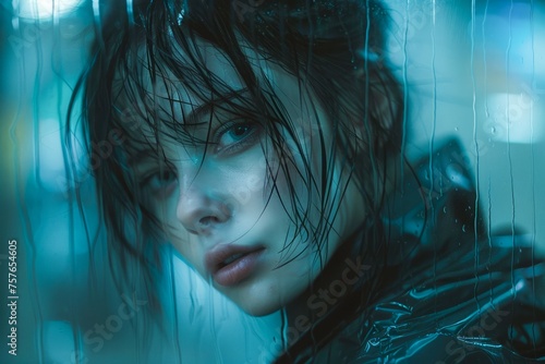 Mysterious Woman Peering Through Rainy Window, Blue Moody Aesthetic Portrait, Cinematic Emotional Scene