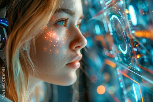 Young Woman with Headphones Gazing Intently at Futuristic Digital Interface with Reflective Lights photo