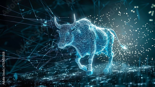 Decentralized Financial Network System: Symbolic bull transformation. Stock market exchange, Fintech integration, Blockchain, Currency symbols, Inflation, Banking, Money value, Global connections.