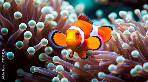 Colorful clownfish swims gracefully among vibrant corals © xuan