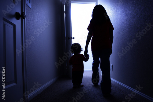 Woman and child standing in dark hallway
