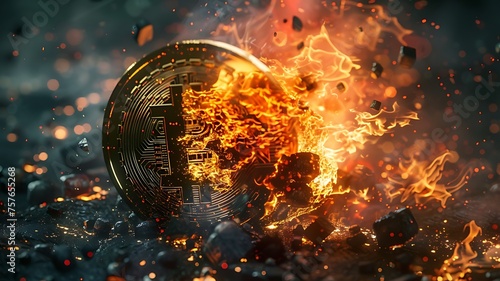 Golden bitcoin crypto coin under fire. Hot crypto market. Bitcoin & blockchain concepts. Cryptocurrency coin burning illustration.