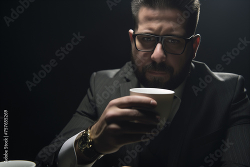 Man in a business suit drinking from a coffee cup