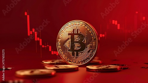 Golden bitcoin price falling down concept. Crypto buy sell price collapse. Lost market down. cryptocurrency value falls drop candle-stick chart.