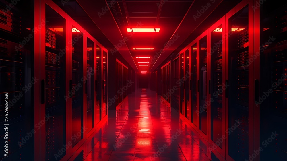 Glowing Red Alert in Data Center: Emergency Warning Lights, Technical ...