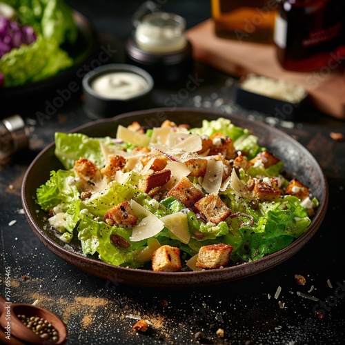 A Caesar salad, with crisp romaine, crunchy croutons, and shaved Parmesan, alongside ingredients for the iconic dressing, offers a classic taste in every bite.