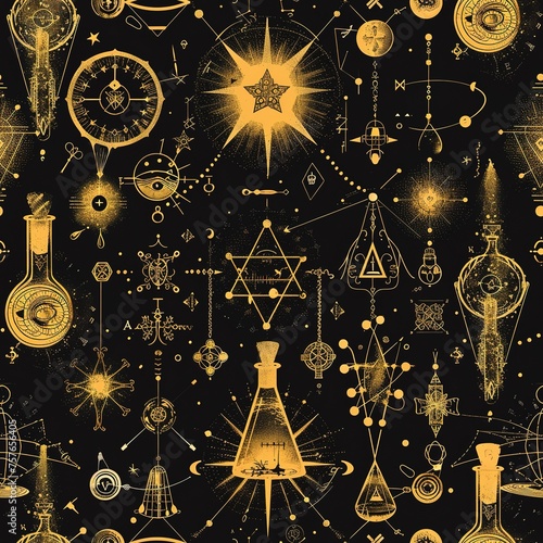 Ancient Alchemy: Mystical designs featuring symbols and tools of ancient alchemists. For Seamless Pattern, Fabric Pattern, Tumbler Wrap, Mug Wrap.