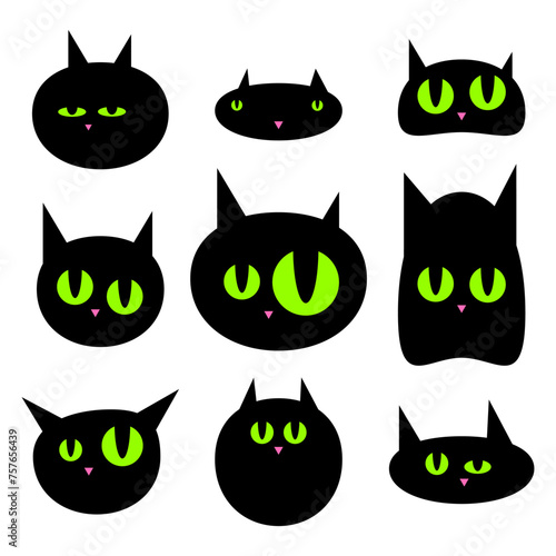 Cartoon black cats with green eyes. Different emotions of cats faces. Vector illustration isolated on white background.