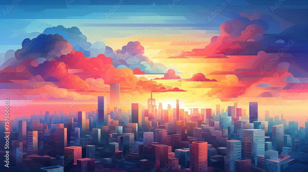 Sunset Hues over Stylized City Skyline