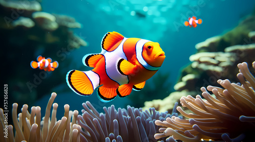 Colorful clownfish swims gracefully among vibrant corals © xuan