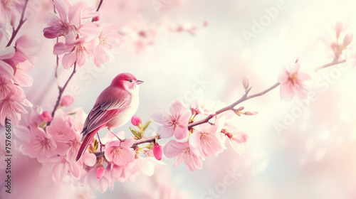 Pastel spring background with pink flowers, cherry blossoms and red bird.