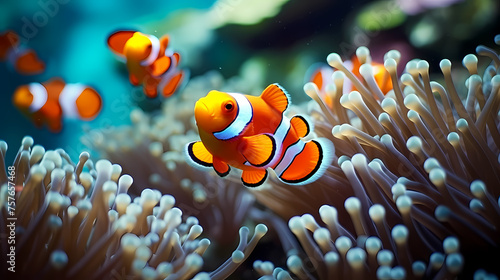 Clown fish swimming in the sea on coral reef background © xuan