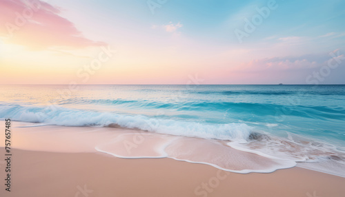 Calm and paradisiacal Caribbean beach during sunset. Sunny sea shore with foamy water and waves. Beautiful and serene beach in soft pastel pink and turquoise tones. Summertime and traveling concept. photo