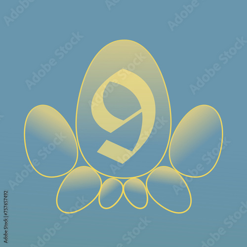 Número nove em desenho de ovos, sobre fundo azul.