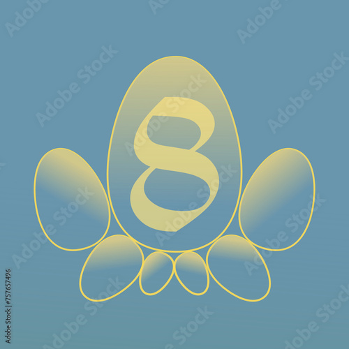 Oito, numeral escrito em amarelo sobre desenho de ovos, em fundo azul photo