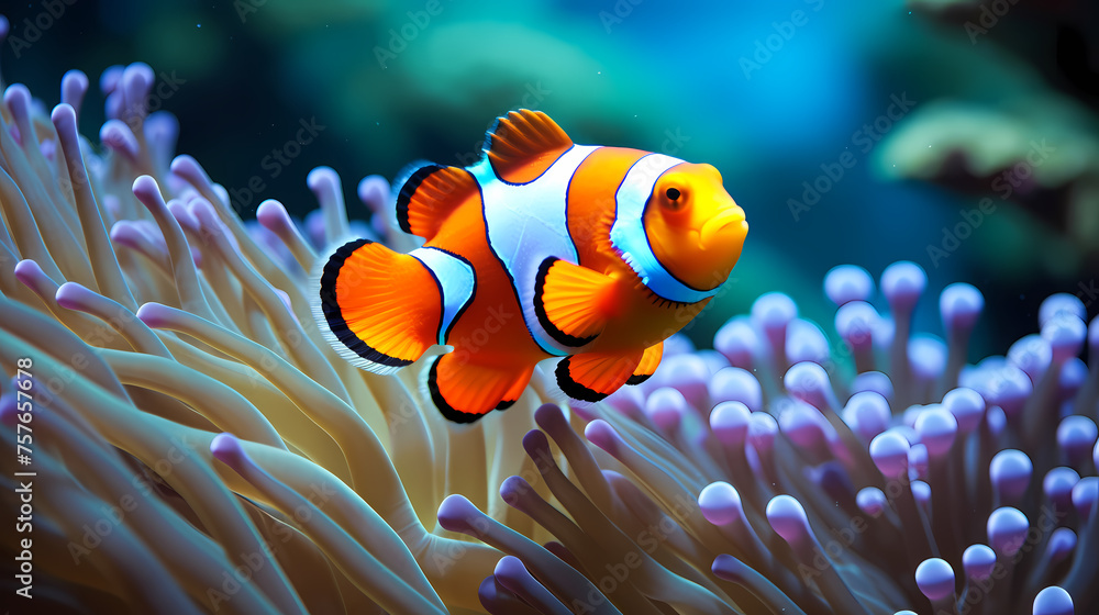 Clown fish swimming in the sea on coral reef background Clown fish swimming in the sea on coral reef background