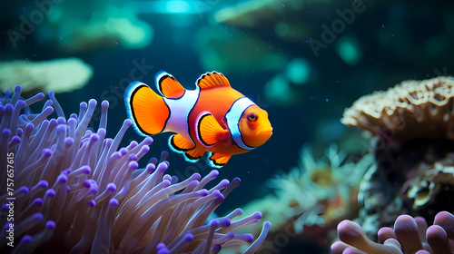 Clown fish swimming in the sea on coral reef background